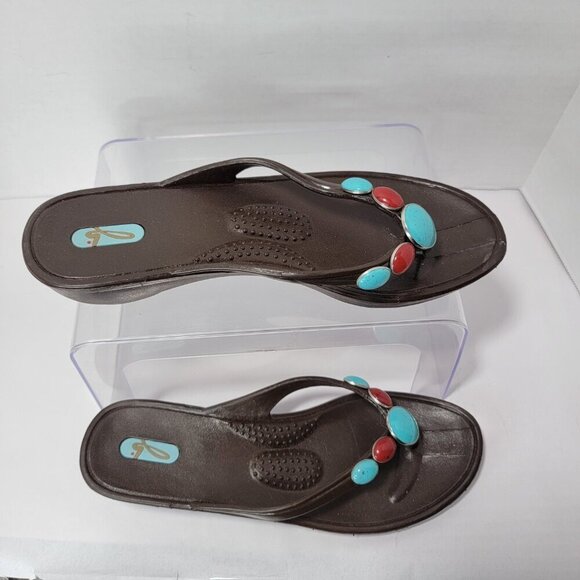 OKAL Womens Sandals Flip Flop‎ Thong Sz M/L Brown Turquoise Red Beach Boho Artsy - Picture 9 of 9